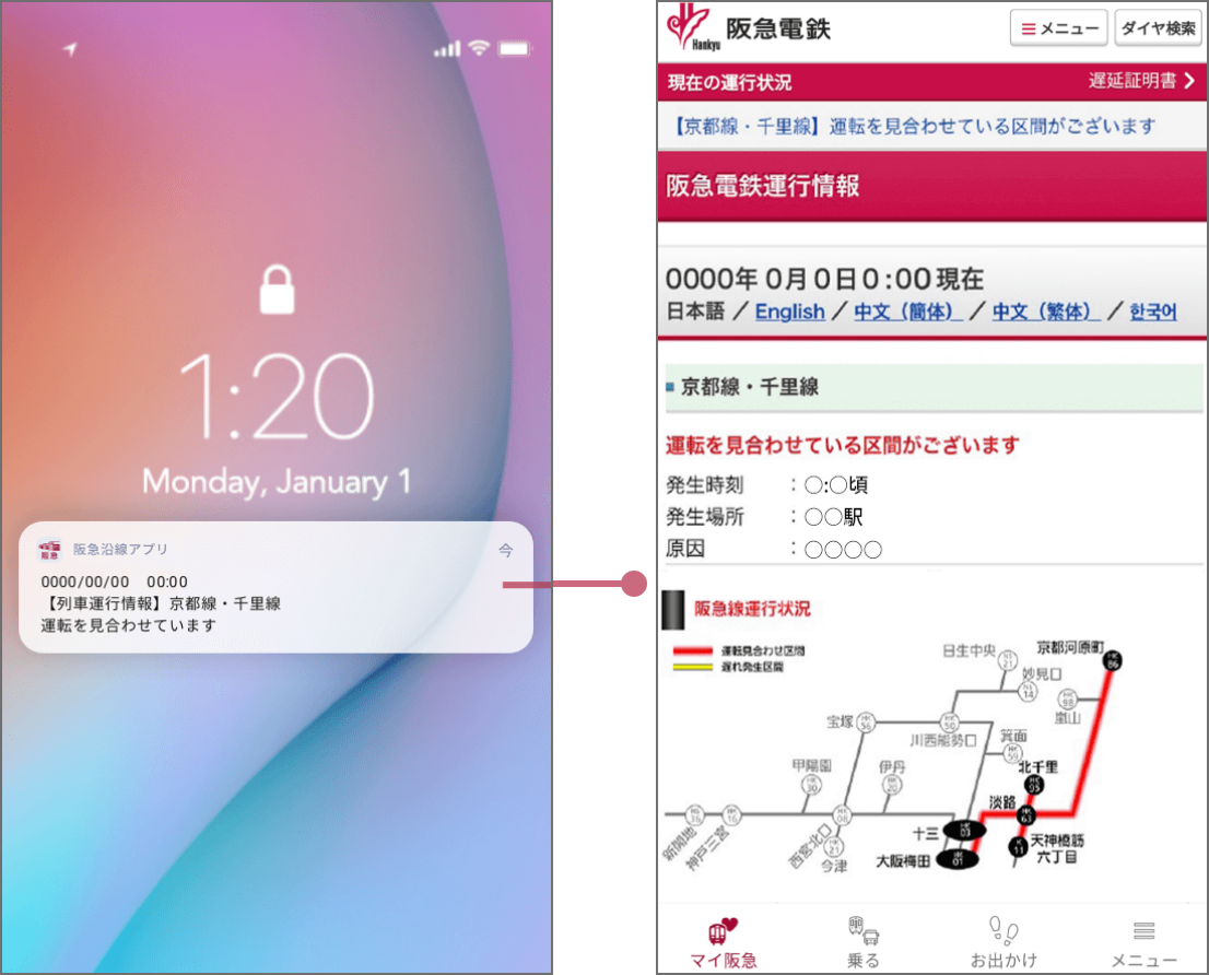 運転見合わせや20分以上の列車の遅れ、振替輸送の実施などの情報を、スマートフォンにプッシュ通知でお知らせします。