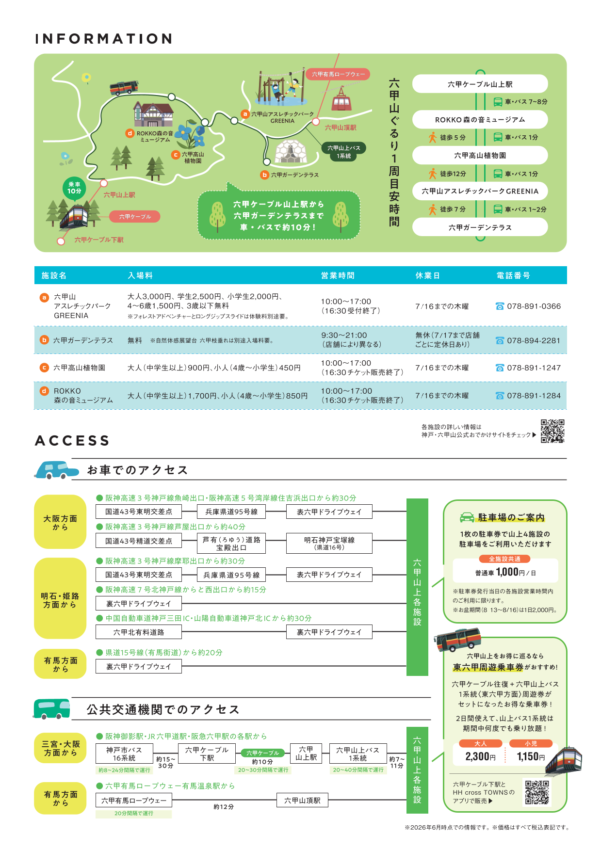 六甲山をぐるり1周する時間の目安のご案内、各施設の入場料、営業時間、休業日、電話番号を掲載しています。お車でのアクセス、公共交通機関でのアクセスをご紹介しています。