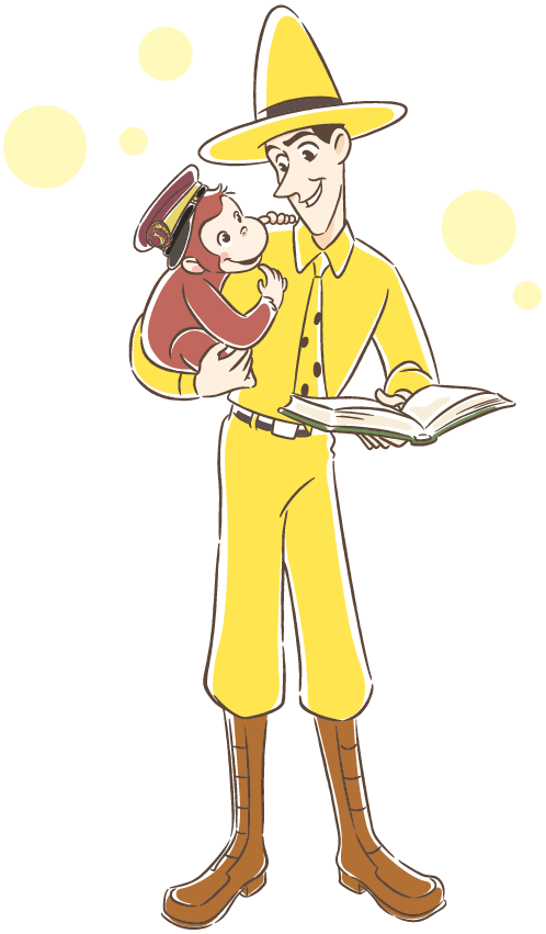 イラスト 本を読んでいるジョージと黄色い帽子のおじさん