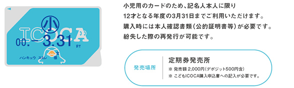 小児用のカードのため、記名人本人に限り12才となる年度の3月31日までご利用いただけます。購入時には本人確認書類（公的証明書等）が必要です。紛失した際の再発行が可能です。発売場所は定期券発売所　※発売額2,000円（デポジット500円含）　※こどもICOCA購入申込書への記入が必要です。