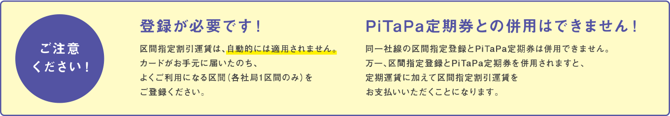 ご注意ください。登録が必要です！　区間指定割引運貨は、自動的には適用されません。カードがお手元に届いたのち、よくご利用になる区間（各社局1区間のみ）をご登録ください。また、PiTaPa定期券との併用はできません！　同一社線の区間指定登録とPiTaPa定期券は併用できません。万一、区間指定登録とPiTaPa定期券を併用されますと、定期運貨に加えて区間指定割引運貨をお支払いいただくことになります。