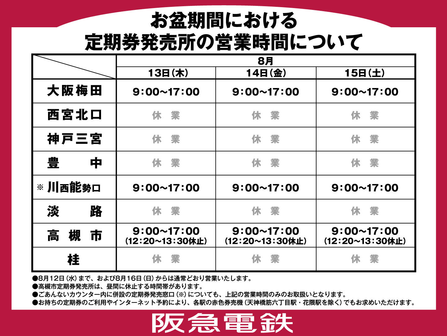 お盆期間における定期券発売所の営業時間については次の通りです。　8月13日木曜日、14日金曜日、15日土曜日は大阪梅田、川西能勢口、高槻市共通で9時から17時で営業しています。その他の定期券発売所は休業いたします。なお、高槻市は12時20分から13時30分までの時間に窓口を一時休止しておりますのでご注意下さい。